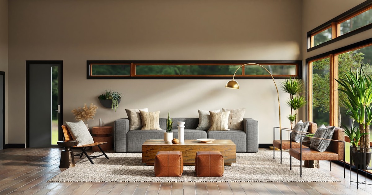 Open-plan living room with freshly painted walls