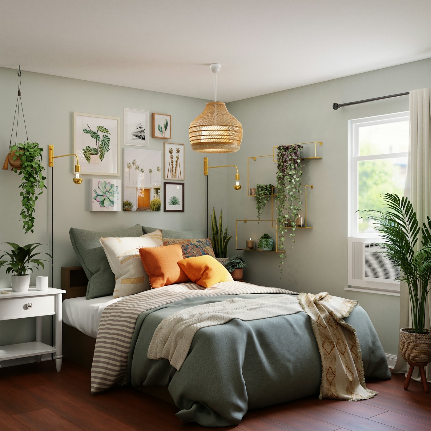 Bedroom painted in soft sage green