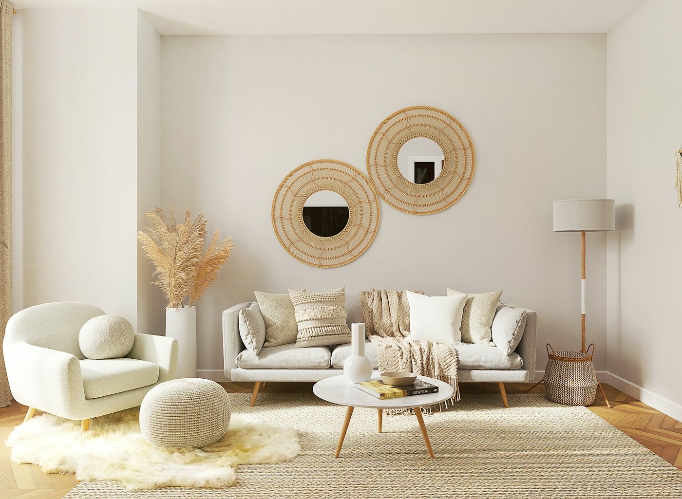 Bright living room with warm white walls